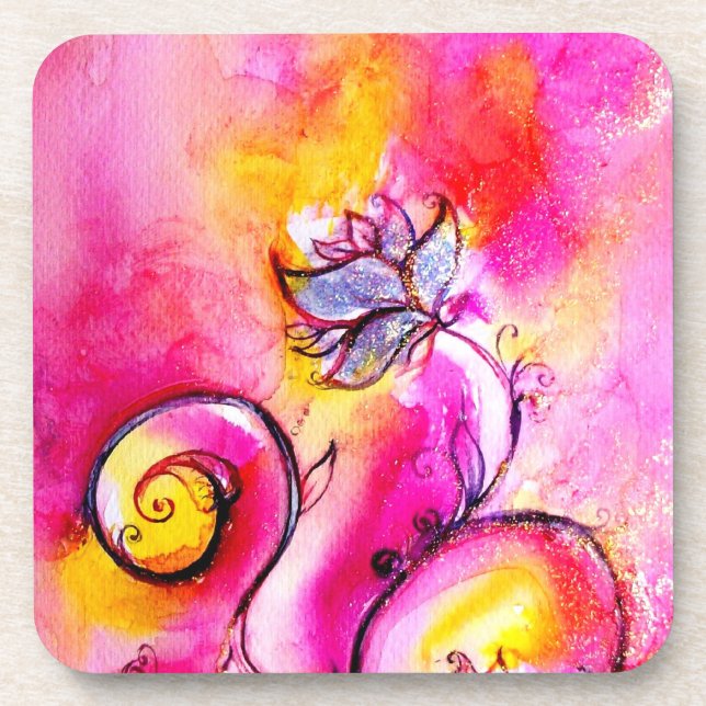 WHIMSICAL FLOWERS  pink yellow fuchsia Coaster (Front)