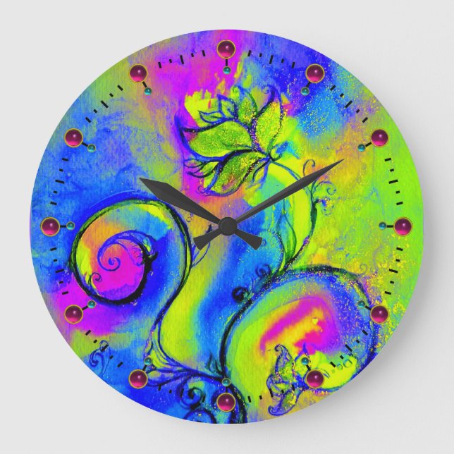 WHIMSICAL FLOWERS  pink yellow green blue Large Clock (Front)