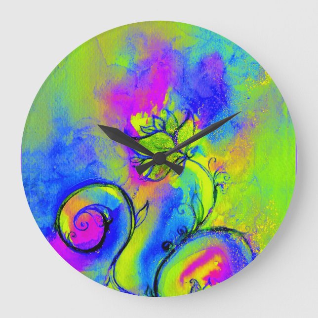 WHIMSICAL FLOWERS  pink yellow green blue Large Clock (Front)