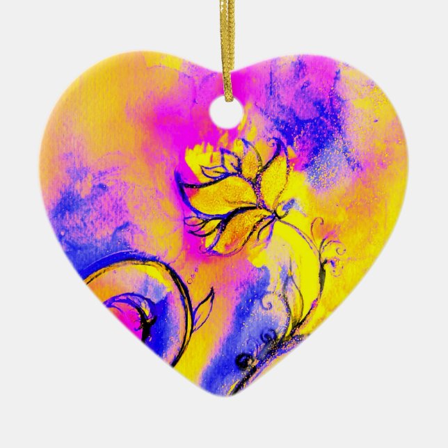 WHIMSICAL FLOWERS pink yellow purple,blue Ceramic Tree Decoration (Front)