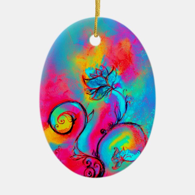 WHIMSICAL FLOWERS pink yellow purple, teal blue Ceramic Tree Decoration (Front)