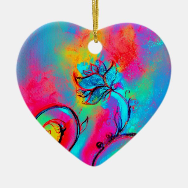 WHIMSICAL FLOWERS  pink yellow purple, teal blue Ceramic Tree Decoration (Front)