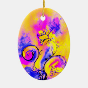 WHIMSICAL FLOWERS pink yellow purple violet Ceramic Tree Decoration