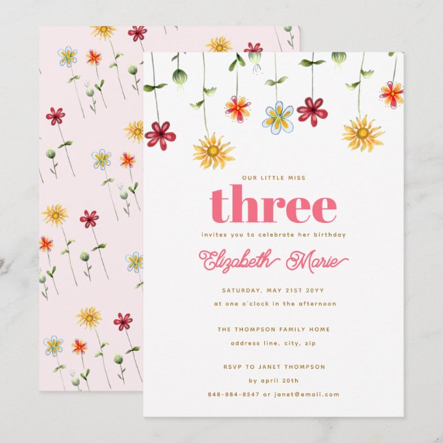 Whimsical Flowers Pink Yellow Red Girl Birthday Invitation (Front/Back)