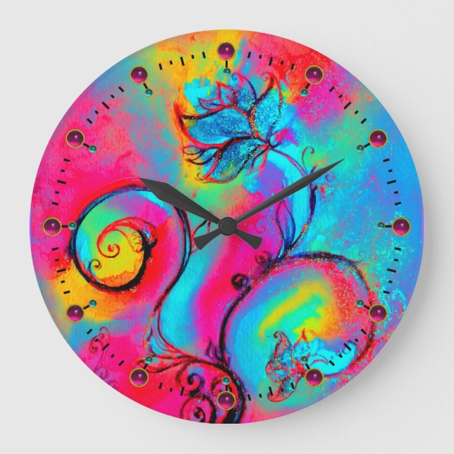 WHIMSICAL FLOWERS  pink yellow teal blue Large Clock (Front)