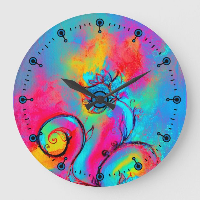 WHIMSICAL FLOWERS  pink yellow teal blue Large Clock (Front)