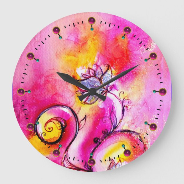 WHIMSICAL FLOWERS  pink yellow teal blue Large Clock (Front)