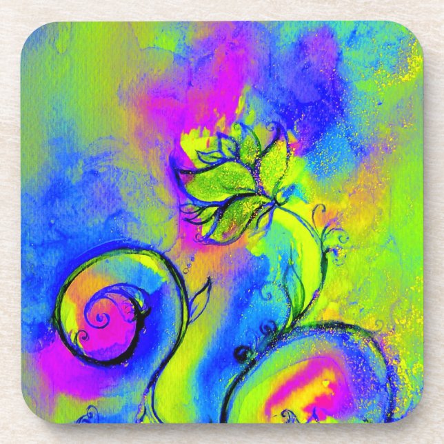 WHIMSICAL FLOWERS pink yellow violet blue Coaster (Front)
