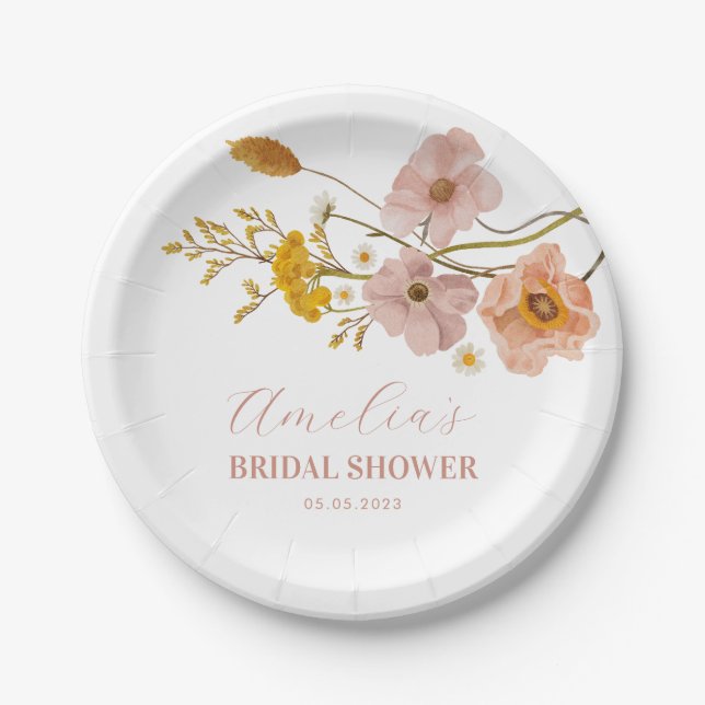 Whimsical Flowers Plate, Pink Bohemian Paper Plate (Front)