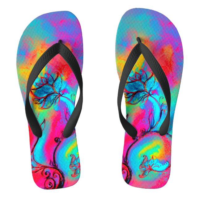 WHIMSICAL FLOWERS  teal blue pink yellow Flip Flops (Footbed)