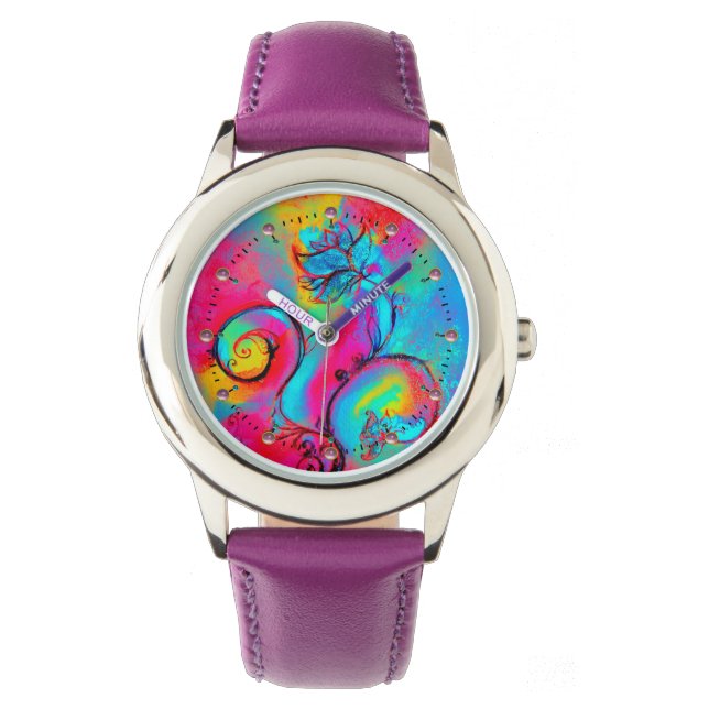 WHIMSICAL FLOWERS  teal blue pink yellow Watch (Front)