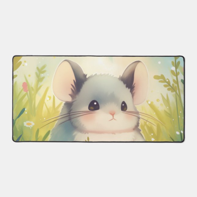 Whimsical Fluffy Chinchilla Sunny Spring Meadow Desk Mat (Front)