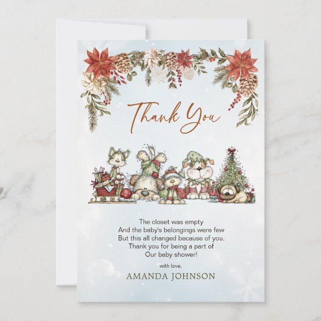 Whimsical Fluffy Christmas Dogs Baby Shower Thank You Card (Front)