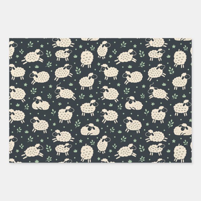 Whimsical Fluffy Sheep Pattern Wrapping Paper Sheet (Front)