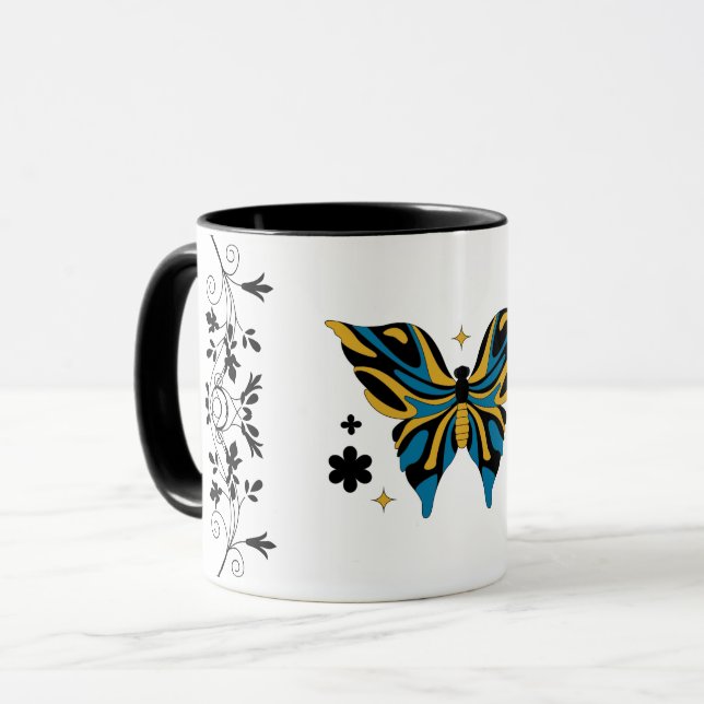 Whimsical Fluttering – Blue Butterfly Floral Art Mug (Front Left)