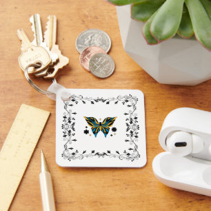 Whimsical Fluttering, Blue Gold Butterfly Key Ring
