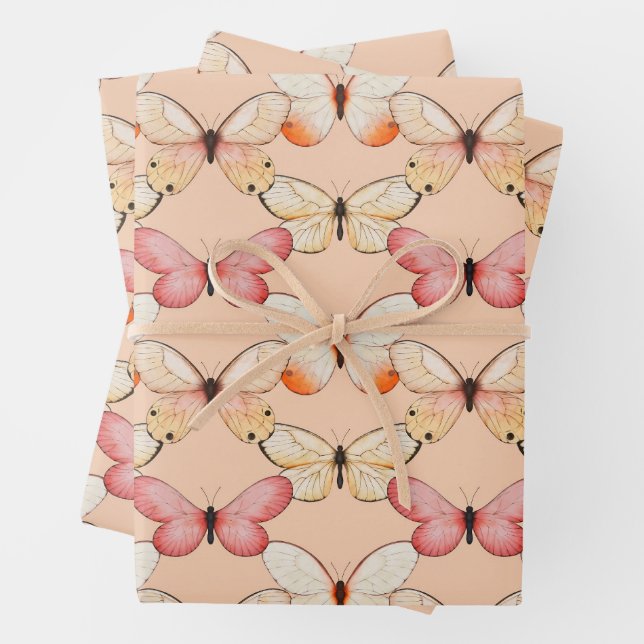 Whimsical Fluttering Butterflies Pattern Wrapping Paper Sheet (In situ)