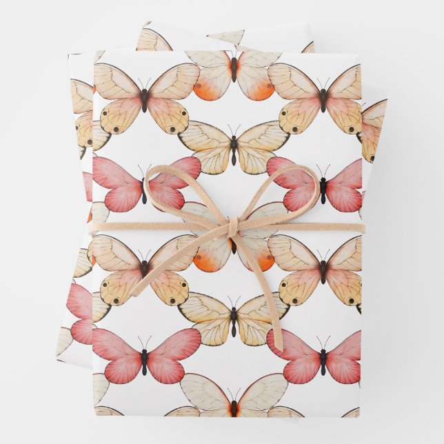 Whimsical Fluttering Butterflies Pattern Wrapping Paper Sheet (In situ)