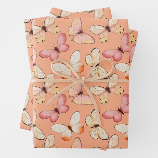 Whimsical Fluttering Butterflies Pattern Wrapping Paper Sheet (In situ)