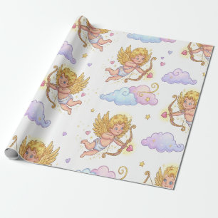 Whimsical Flying Cupids in Blue Sky Fantasy Wrapping Paper