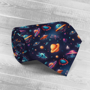 Whimsical Flying Objects Planets Space AI Art Tie