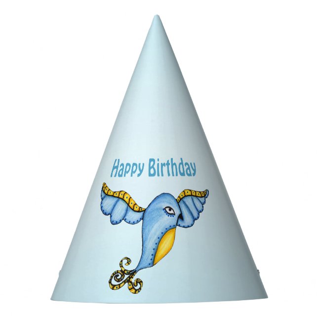 Whimsical Flying Ornate Bluebird Yellow Tail Party Hat (Front)