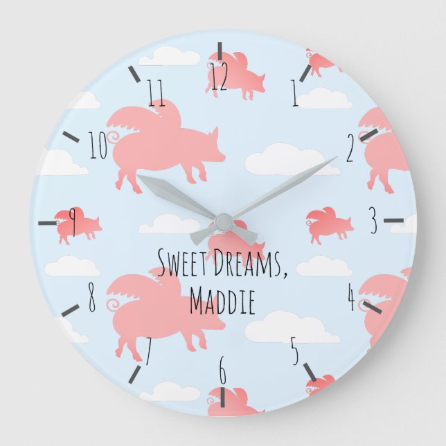 Whimsical Flying Pigs Large Clock (Front)