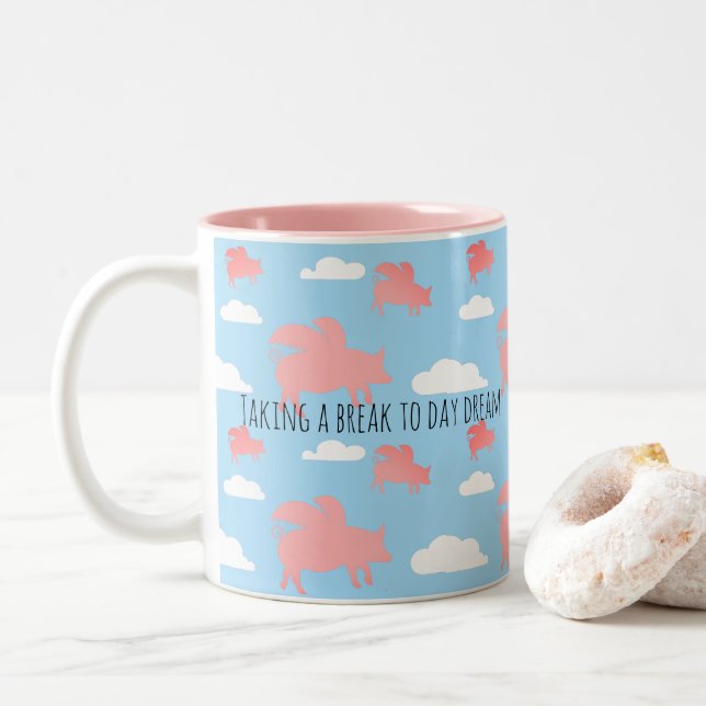 Whimsical Flying Pigs Two-Tone Coffee Mug (With Donut)
