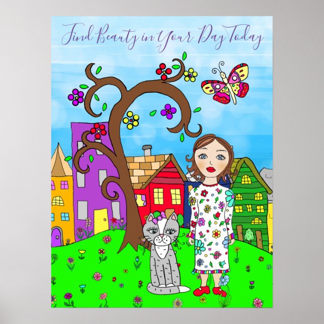 Whimsical Fold Art, Lady and Cat in Village Poster (Front)
