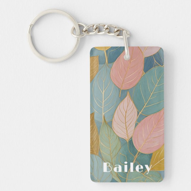 Whimsical Foliage: Pastel Leaves Key Ring (Front)