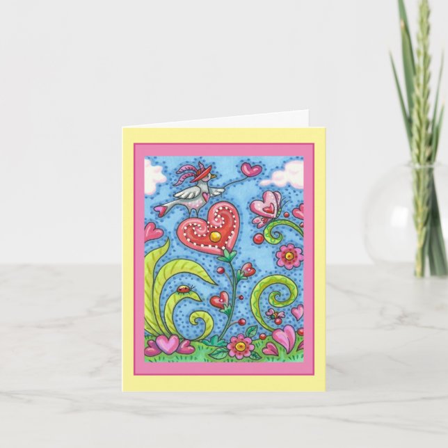 WHIMSICAL FOLK ART BIRD, PINK HEARTS GARDEN Blank Card (Front)