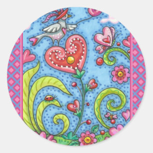 WHIMSICAL FOLK ART BIRD, VALENTINE HEARTS GARDEN CLASSIC ROUND STICKER