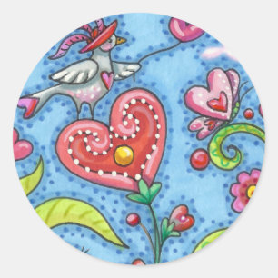 WHIMSICAL FOLK ART BIRD, VALENTINE HEARTS GARDEN CLASSIC ROUND STICKER