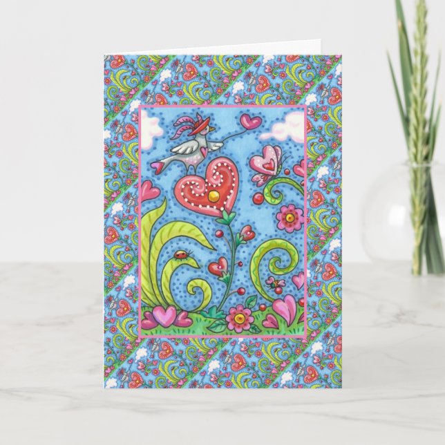 WHIMSICAL FOLK ART BIRD, VALENTINE HEARTS GARDEN HOLIDAY CARD (Front)