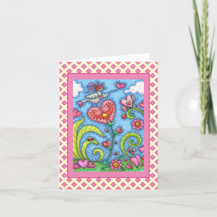 WHIMSICAL FOLK ART BIRD, VALENTINE HEARTS GARDEN HOLIDAY CARD
