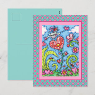 WHIMSICAL FOLK ART BIRD, VALENTINE HEARTS GARDEN HOLIDAY POSTCARD