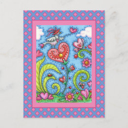 WHIMSICAL FOLK ART BIRD, VALENTINE HEARTS GARDEN HOLIDAY POSTCARD