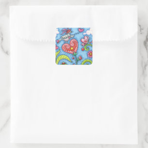 WHIMSICAL FOLK ART BIRD, VALENTINE HEARTS GARDEN SQUARE STICKER