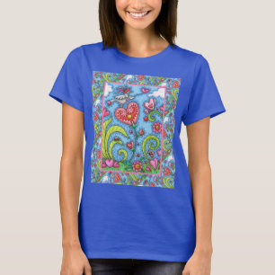 WHIMSICAL FOLK ART BIRD, VALENTINE HEARTS GARDEN T-Shirt