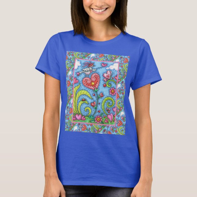 WHIMSICAL FOLK ART BIRD, VALENTINE HEARTS GARDEN T-Shirt (Front)