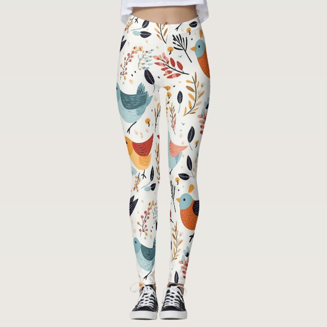 Whimsical Folk Art Birds And Leaves Leggings (Front)