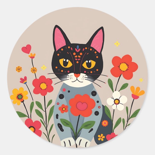 Whimsical Folk Art Black Cat and Flowers  Classic Round Sticker (Front)