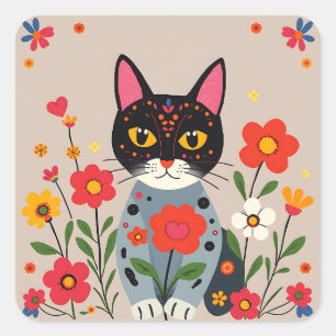 Whimsical Folk Art Black Cat and Flowers Square Sticker