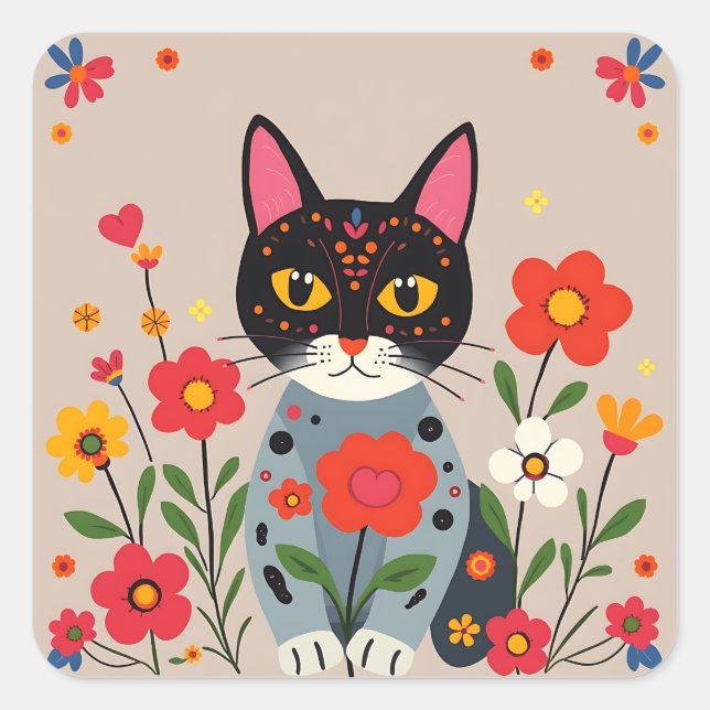 Whimsical Folk Art Black Cat and Flowers  Square Sticker (Front)