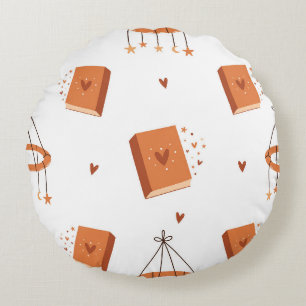 Whimsical Folk Art Books & Celestial Magic Round Cushion