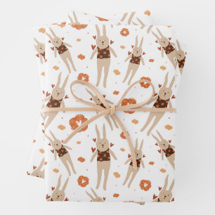 Whimsical Folk Art Bunny Character Seamless Wrapping Paper Sheet