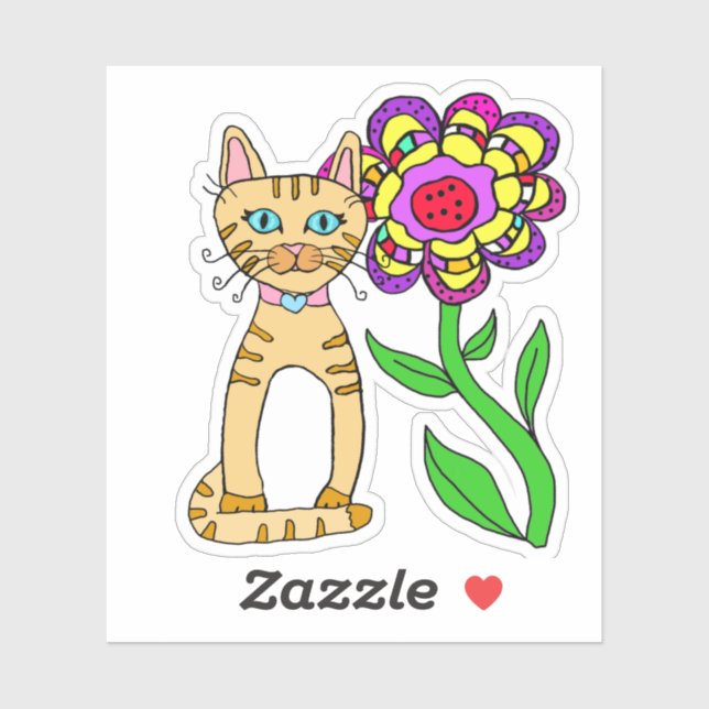 Whimsical Folk Art Cat and Colourful Flower (Sheet)