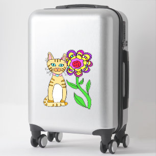 Whimsical Folk Art Cat and Colourful Flower