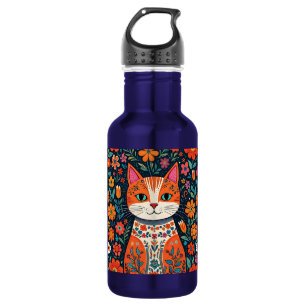Whimsical Folk Art Cat and Flowers 532 Ml Water Bottle