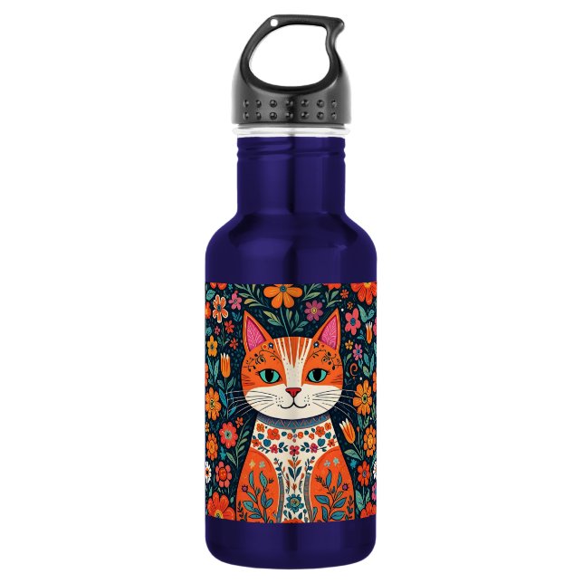Whimsical Folk Art Cat and Flowers 532 Ml Water Bottle (Front)